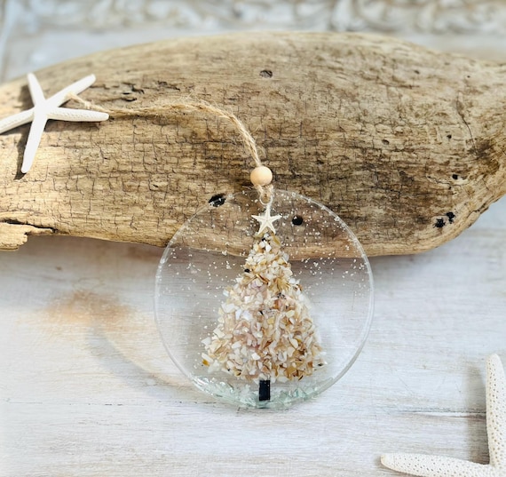 Coastal Christmas Tree Shell Ornament: Resin Art, Driftwood, Starfish