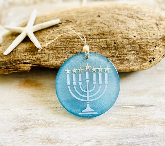 Coastal Blue Hanukkah Ornament, Menorah Ornament, Star Of David,  Handmade Beachy Hanukkah