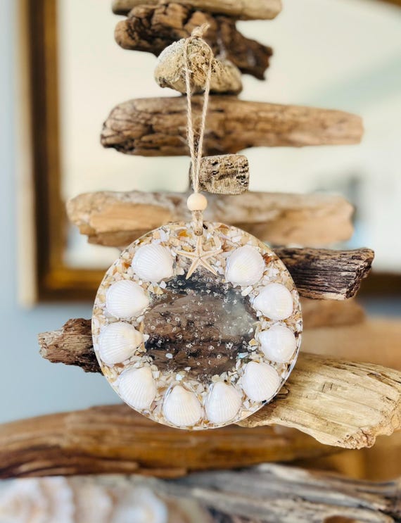 Coastal Shell Wreath Ornament: Starfish, Resin Art Beachy Christmas