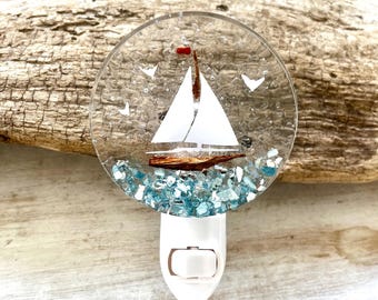 Sailboat Night Light, Sea Glass Night Light, Plug In Wall Night Light, Beach House Night Light, Baby Nursery Night Light, Resin Light