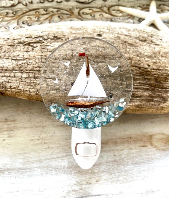 Sailboat Night Light, Sea Glass Night Light, Plug In Wall Night Light, Beach House Night Light, Baby Boy's Room Night Light, Resin Light