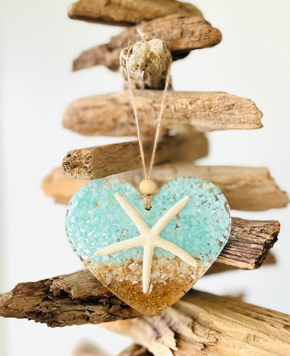 Valentine's Day Coastal Heart Ornament, Suncatcher, Starfish, Shells, Sand, Beachy Gift For Friend, Beach Lover, Mom, Teacher, Girlfriend