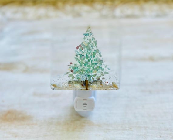 Coastal Christmas Tree Night Light: Aqua Crushed Glass Tree, Starfish, Shells, Sea Glass