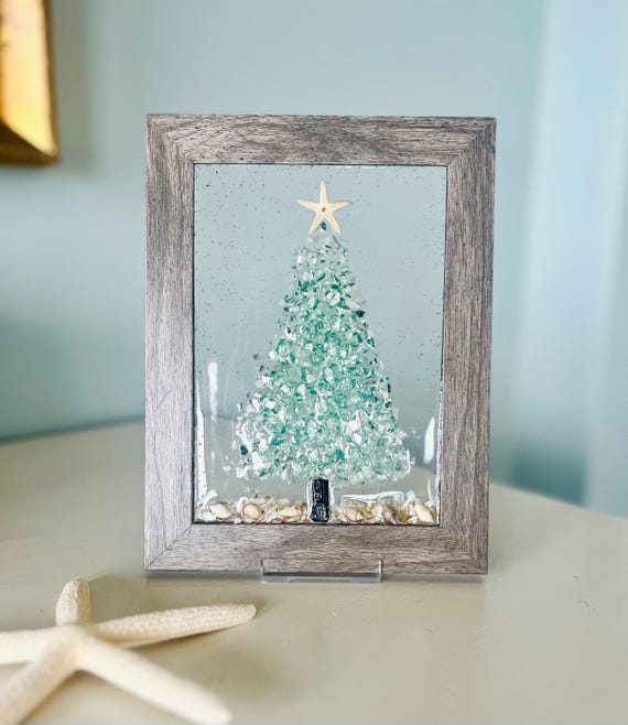 Coastal Christmas Tree Wall Art • Aqua Crushed Glass & Shells • Driftwood + Starfish Décor • Beachy Holiday Gift