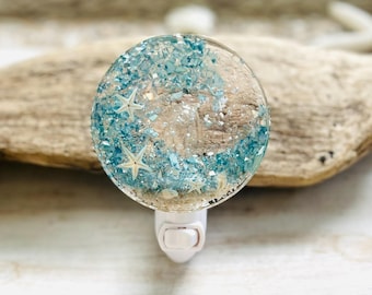 Coastal Resin Night Light: Blue Beach Wave with Shells, Sand & Starfish