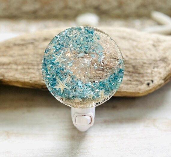 Coastal Resin Night Light: Blue Beach Wave with Shells, Sand & Starfish