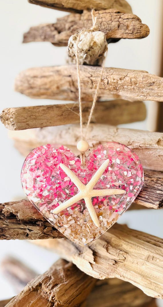 Mother's Day Gift, Gift For Mom, Pink Heart Ornament, Glass Suncatcher, Beachy Christmas, Gift For Friend, Mom, Teacher, Handmade Ornament