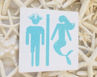 Mermaid And Pirate Bathroom Sign, Bathroom Wall Decor, Mermaid Tail, Beach House Bathroom, Guest Bathroom, Kids Bathroom