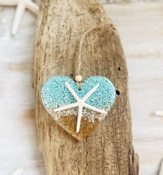 Valentine's Day, Resin Heart Ornament, Beachy Gift For Her, Starfish Ornament