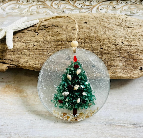 Coastal Christmas Tree And Cardinal Ornament: Green Crushed Glass And Red Glass Beads, Shells, Starfish, Driftwood, Resin, Beachy Christmas