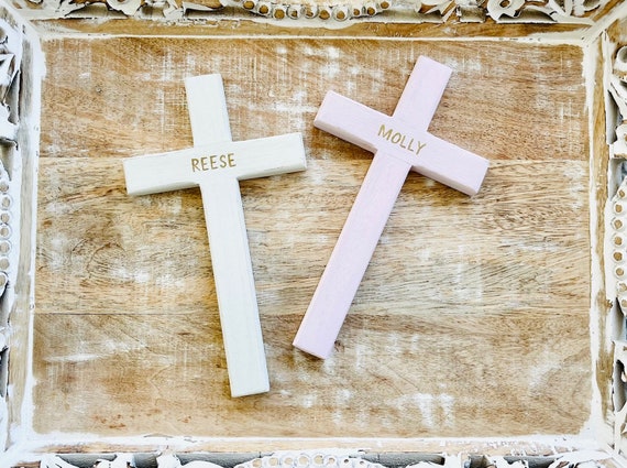 Wood Wall Cross, Personalized Custom Cross, Baptism Gift For Boy, Girl, First Holy Communion, Wood Crucifix, Confirmation, Nursery Cross Art