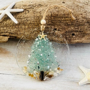 Coastal Christmas Tree Ornament, Aqua Crushed Glass, Shells, Starfish, Beachy Christmas, Resin Art, Crushed Shells, Holiday Decoration