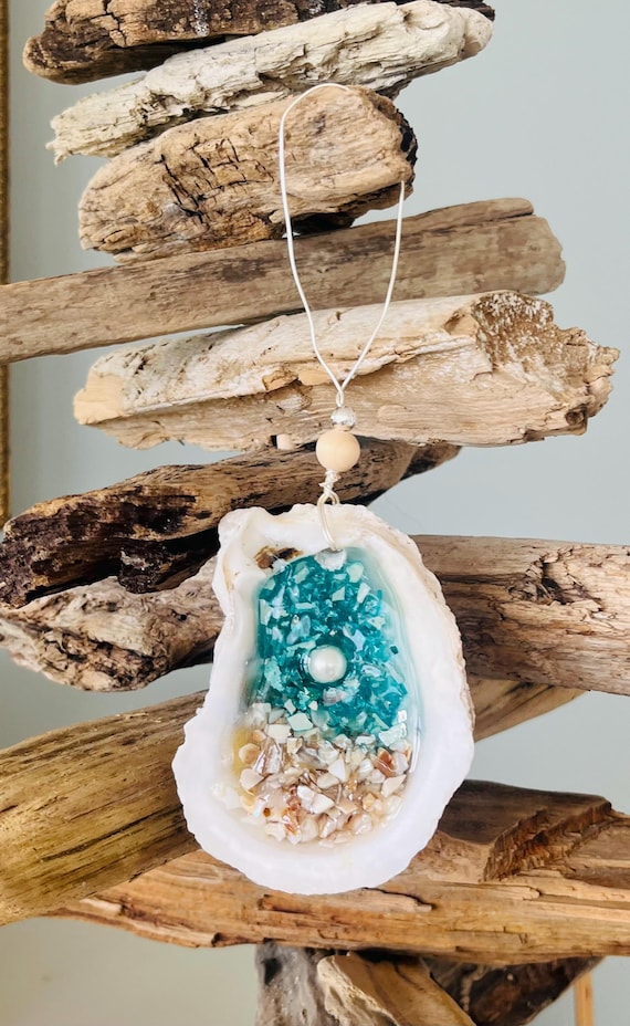 Coastal Christmas Ornament, Aqua Christmas Tree With Crushed Shells, Beach, Beachy Christmas, Starfish, Glass Ornament, Resin Art, Handmade