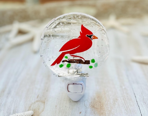 Red Cardinal Night Light With Sea Glass and Driftwood, Angels Appear When Cardinals Are Near, Gift Of Hope, Winter Night Light, Resin Light