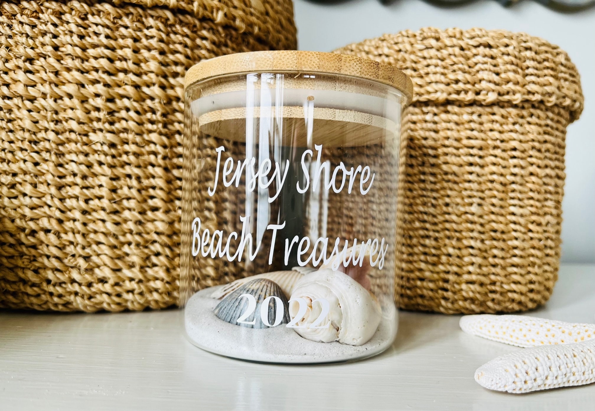 Shell Jar, Beach Sea Glass, Sand Keepsake, Sand Holder Jar with Lid