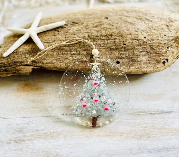 Pink Flamingo Christmas Tree Ornament: Beachy Coastal Christmas Decor, Pink Christmas Decor, Handmade Beachy Holiday