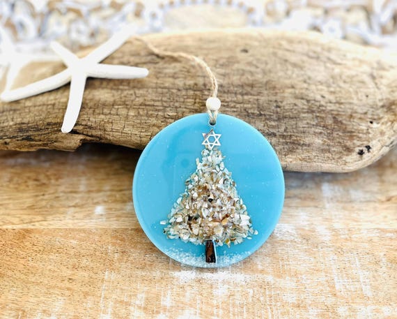Coastal Blue Hanukkah Ornament, Crushed Shells, Star Of David, Christmaskuh Holiday Decor, Handmade Beachy Christmas, Resin Ornament