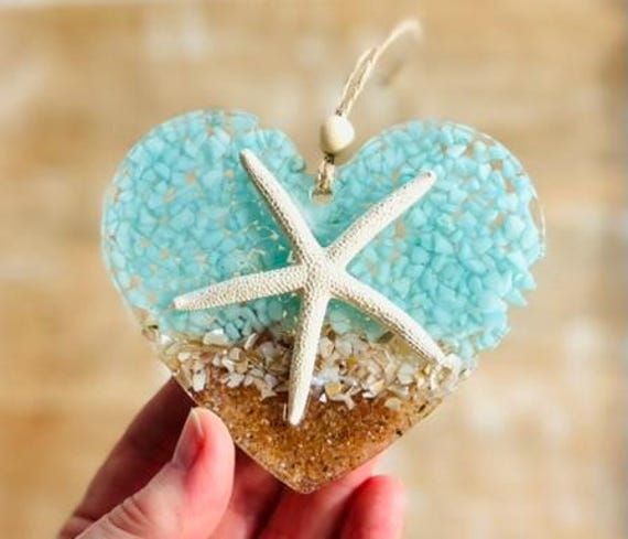 Valentine's Day, Resin Heart Ornament, Beachy Gift For Her, Starfish Ornament