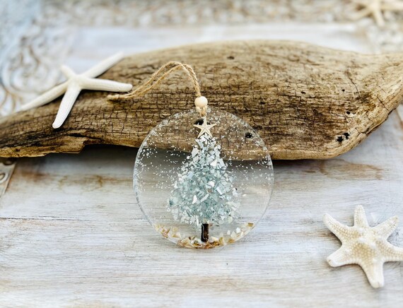 Coastal Christmas Ornament, Silver Christmas Tree With Crushed Shells, Beachy Christmas, Starfish, Crushed Glass Resin Ornament, Handmade