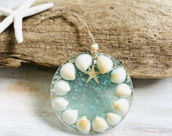 Coastal Ornament: Wreath Ornament Handcrafted Using Light Aqua Glass, Resin, Starfish & Shells. Christmas At The Beach, Christmas By The Sea