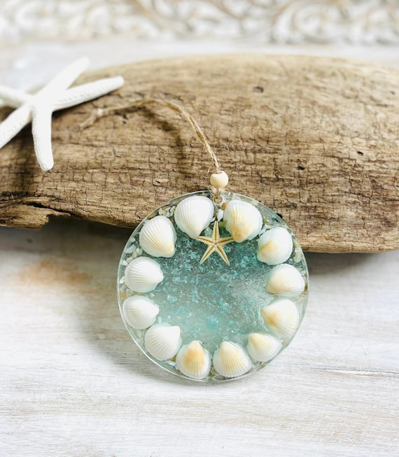 Coastal Shell Wreath Ornament: Starfish, Resin Art Beachy Christmas