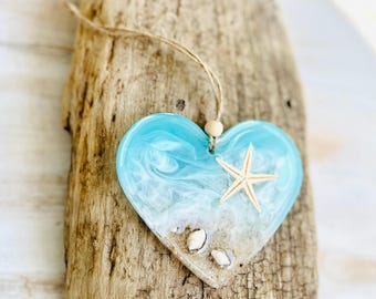 Resin Heart Ornament, Beach Decor with Starfish and Shells, Coastal Hanging Decoration