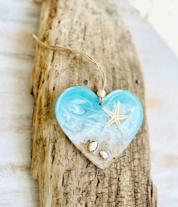 Valentine's Day Resin Coastal Heart Ornament: Handmade Ornament, Gift For Beach Lover, Friend, Mom, Gift Of Love, Heart Shaped Beach Scene