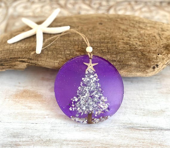 Purple Christmas Ornament, Purple Christmas, Lavender Themed Holiday, Colorful Christmas,  Starfish, Shells, Glass Resin Art, Handmade
