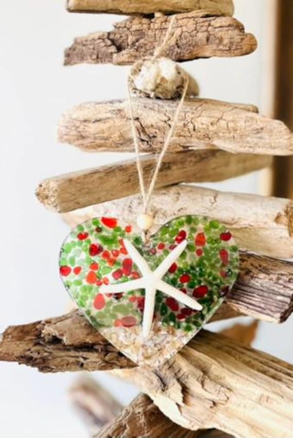 Coastal Heart Suncatcher Ornament: Red and Green Glass, Starfish, Shells, Sand, Beachy Christmas, Gift For Friend, Mom, Teacher,
