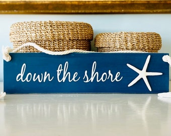 Down The Shore Sign With Starfish and Starfish : Handmade Coastal Beach House Decor