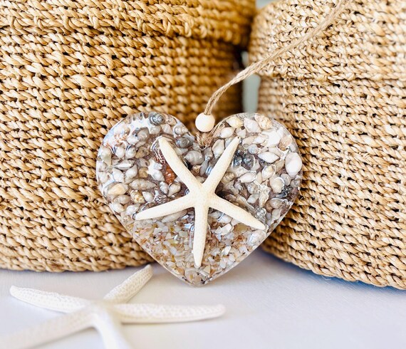 Valentine's Day Shell Ornament, Resin Heart Ornament, Beachy Gift For Her, Starfish Ornament, Coastal Decor, Beach House, Down The Shore