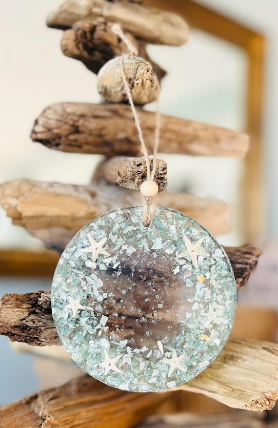 Aqua Crushed Glass Starfish Ornament: Coastal Christmas Tree Decor