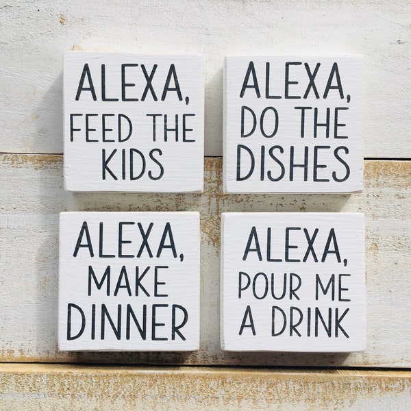 Alexa Wood Sign, Do The Dishes, Feed The Kids, Make Dinner, Pour Me A Drink, Tiered Tray Mini Sign, Funny Siri, Clean The House, Pour Wine