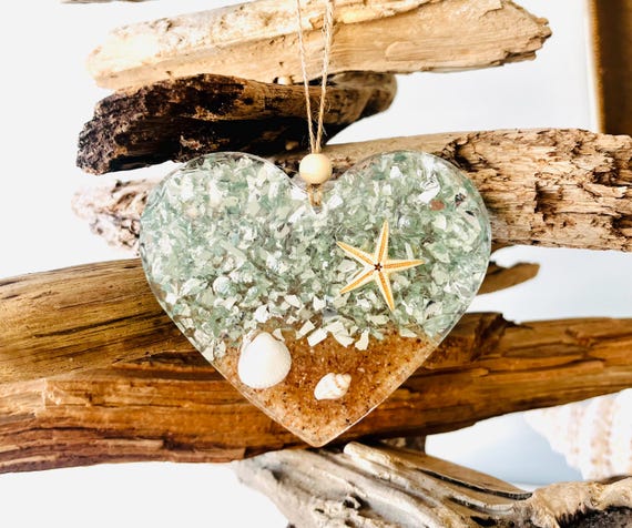 Mother's Day Heart Ornament, Resin Shell Ornament, Gift For Beach Lover, Starfish Ornament, Coastal Decor, Down The Shore, Wedding Gift