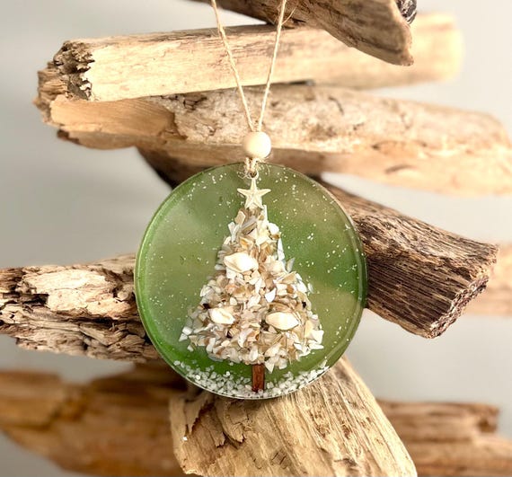 Green Christmas Tree Ornament, Handmade Ornament, Coastal Ornament, Crushed Shell Tree, Starfish, Driftwood, Resin, Holiday Decor