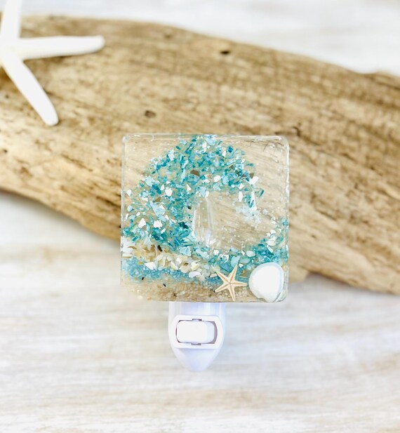 Coastal Beach Ocean Wave Night Light, Blue Crushed Glass, Shells, Resin, Starfish, Nursery, Resin Art, Bathroom, Fisherman Aesthetic, Sea