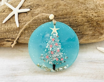 Candy Cane Ornament, Handmade Coastal Christmas Ornament with Silver Crushed Glass Tree, Starfish, Driftwood, Starfish, and Twine