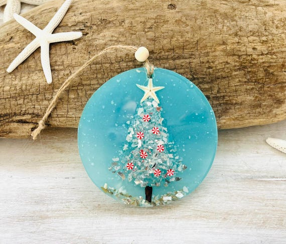 Coastal Christmas Ornament: Silver Crushed Glass Tree, Aqua Background, Starfish, Driftwood, Resin, Holiday