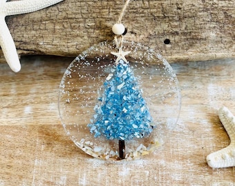 Coastal Christmas Ornament: Starfish, Shells, Blue Glass Resin Art, Hanukkah Gift, Beachy Christmas, Handmade Ornaments
