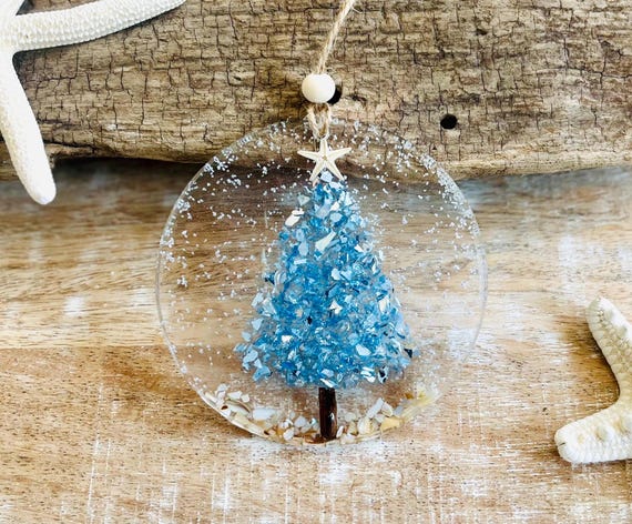 Coastal Christmas Ornament, Blue Christmas Tree Ornament, Beachy Christmas, Starfish, Glass Ornament, Shell Ornament, Resin Art, Handmade
