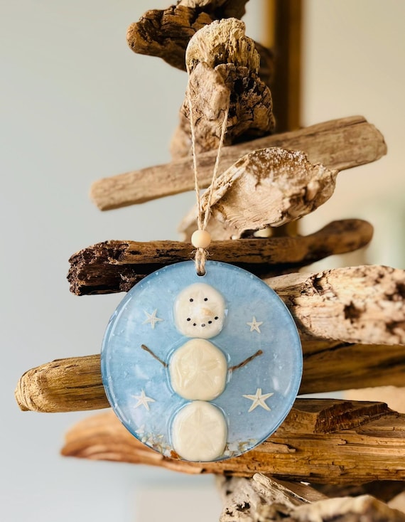 Snowman Ornament With Sand Dollar and Shells, Coastal Christmas Ornament, Snowman On Beach, Crushed Glass, Starfish, Resin, Holiday Decor