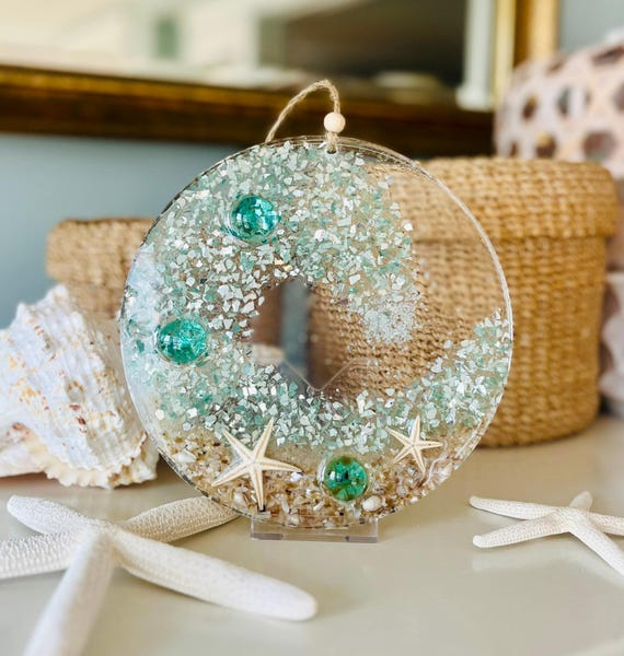 Wave Suncatcher, Coastal Beach Resin Art, Crushed Aqua Glass, Starfish, Glass Gems, Shore House Decor, Gift For Beach Lover, New Jersey