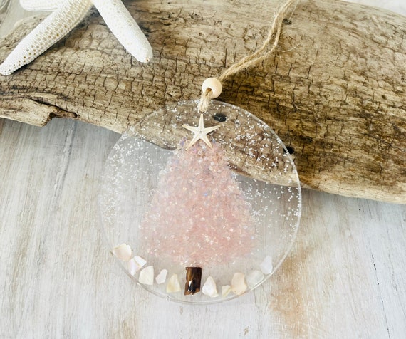 Coastal Christmas Ornament, Pink Christmas Tree With Shells, Beach, Beachy Christmas, Pink Ornament, Pink Holiday Ornament, Beach House Gift