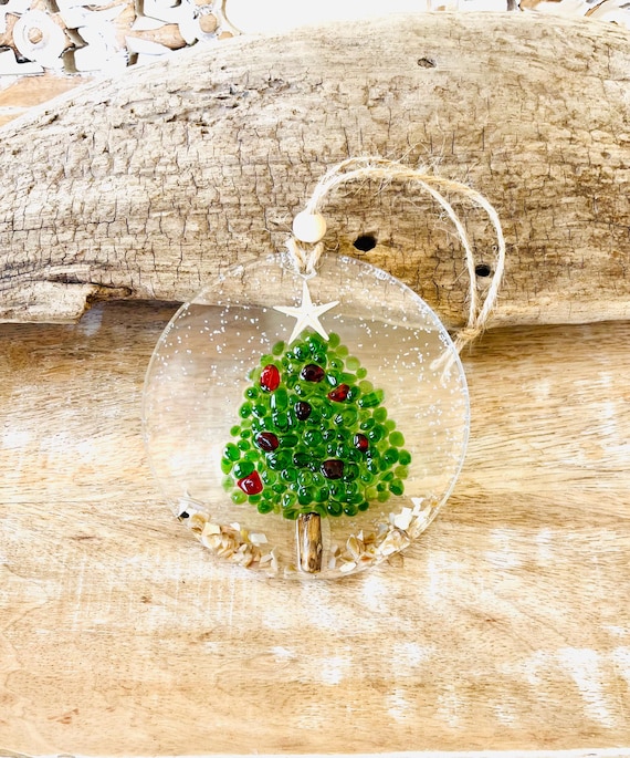 Coastal Christmas Ornament, Green Christmas Tree With Crushed Shells, Beach, Beachy Christmas, Starfish, Glass Ornament, Resin Suncatcher