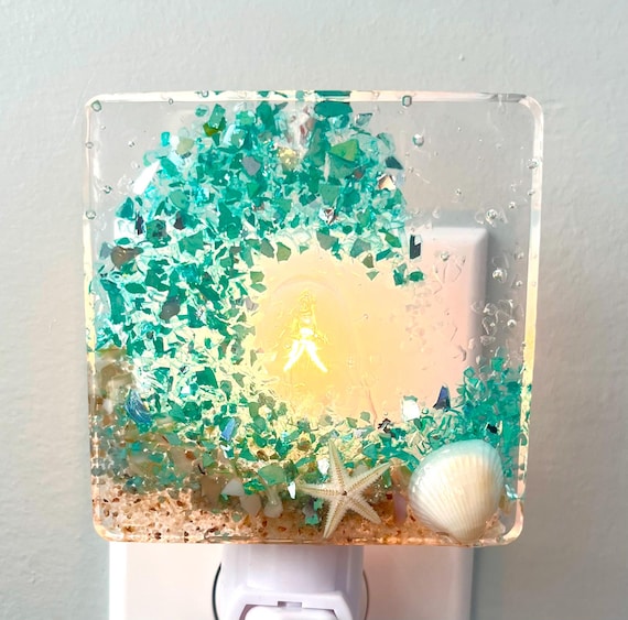 Coastal Resin Night Light: Light Aqua Beach Wave With Shells, Sand & Starfish - Choose Light Sensor Or Switch Base