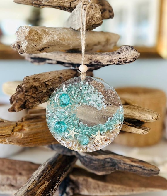 Coastal Christmas Ornament, Aqua Wave With Crushed Shells, Beach, Beachy Christmas, Glass Ornament, Resin Art, Suncatcher, Down The Shore