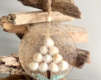 Handmade Shell Christmas Tree Ornament, Sand, Shells, Starfish, Coastal Christmas, Holiday Decor