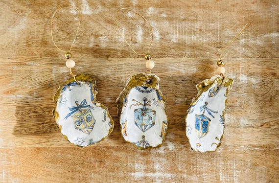 Coastal Scallop Shell Hanukkah Ornament, Dreidel Ornament Star Of David, Christmaskuh Decor, Handmade Beachy Christmas, Blue Christmas