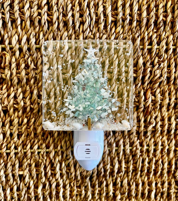 Coastal Christmas Tree Night Light: Aqua Crushed Glass Tree, Starfish, Shells, Sea Glass