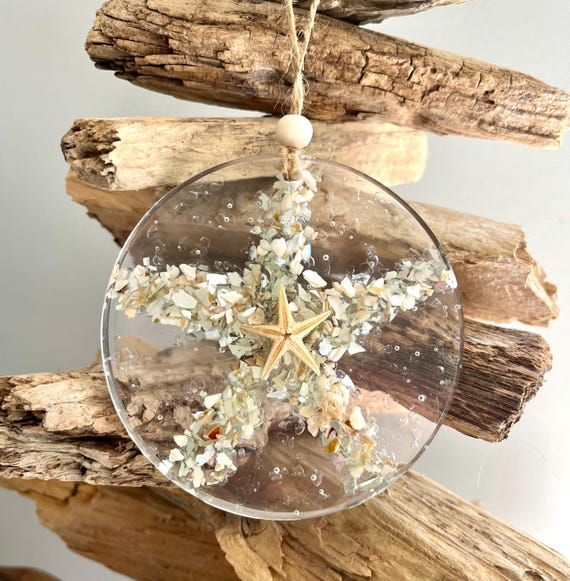 Coastal Christmas Tree Ornament, Handmade Starfish Ornament, Aqua Crushed Glass, Shells, Beachy Christmas, Resin Art, Sea Glass